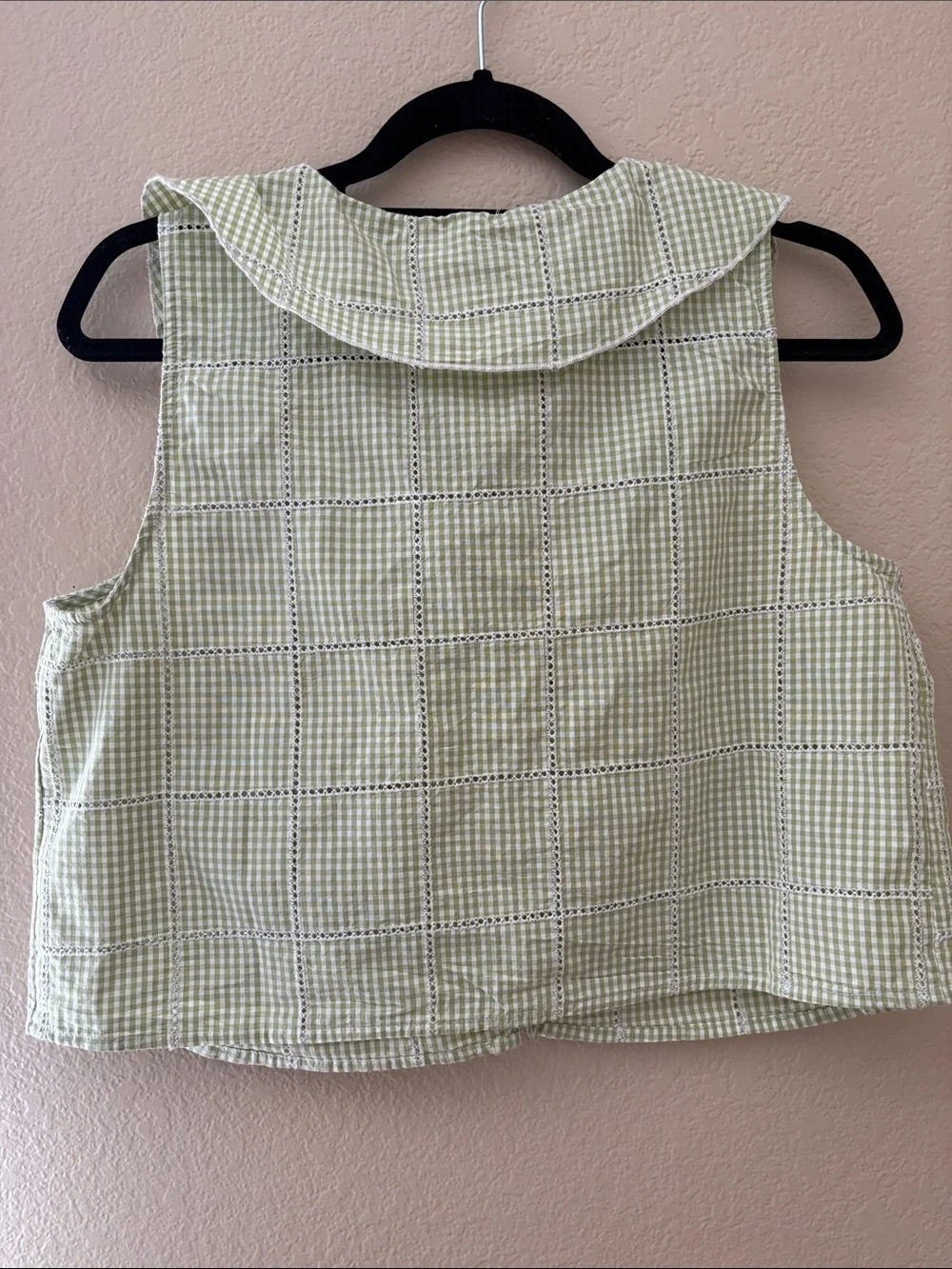 Free People Green Gingham Cropped Button Front Top